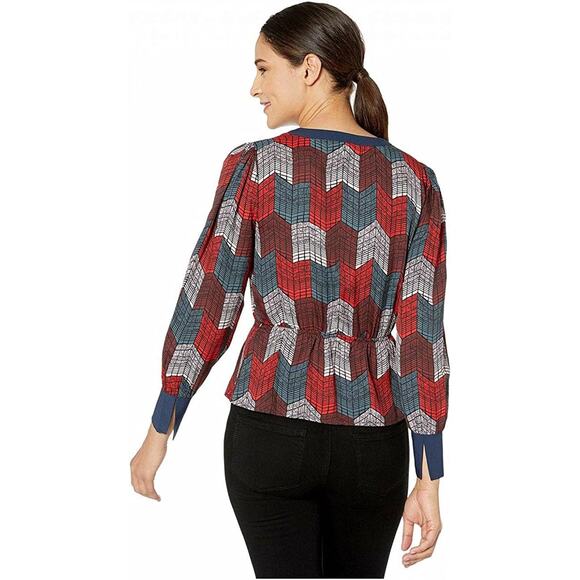 New BCBGMaxAzria Small Silky Wrap Peplum Blouse Top Geo Chevron Print Red Teal - Picture 7 of 12